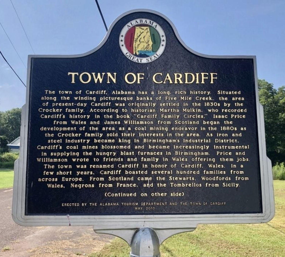 A cast metal Alabama historical marker headed Town of Cardiff, with the state seal at the top and about fifteen lines of raised text, standing in mown grass beside a road.